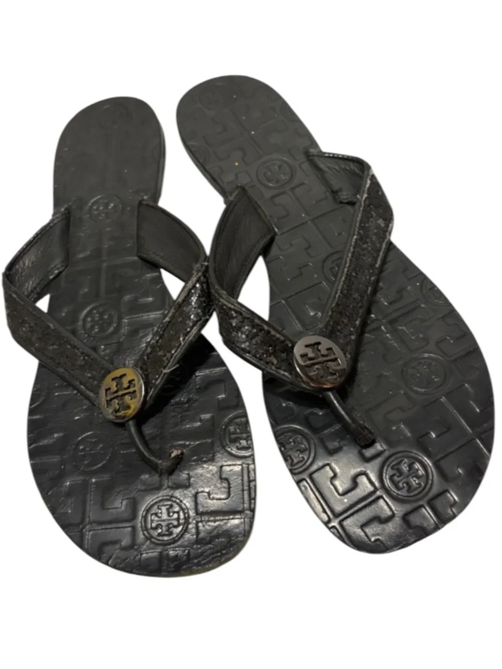 Tory Burch Black Glitter Women’s Sz 8 Logo Thong Sandals